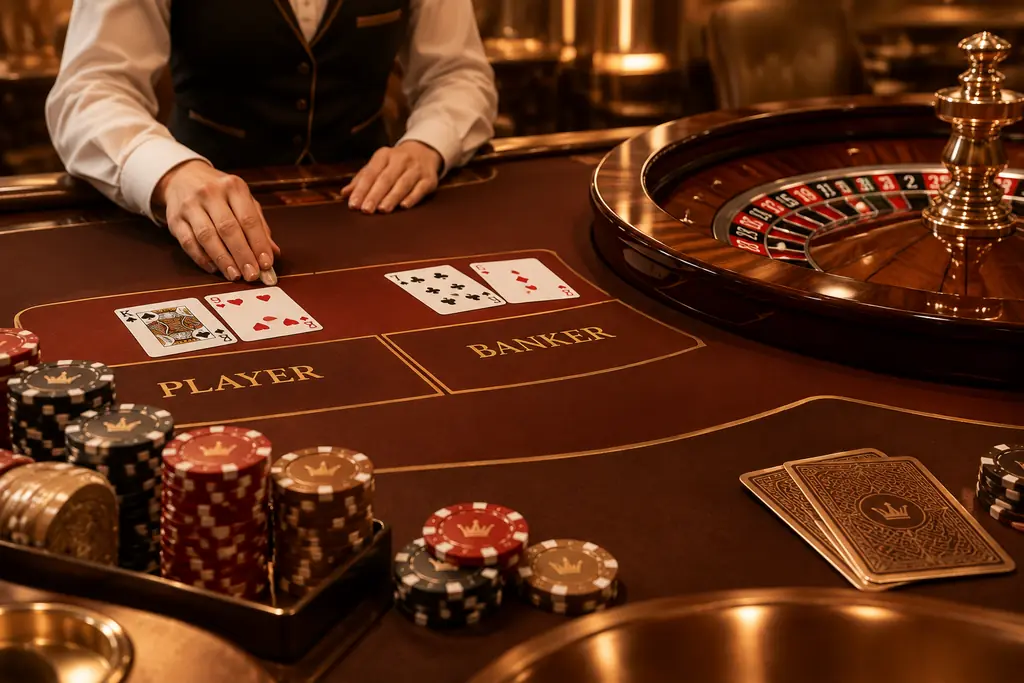Meja kartu dan roda roulette bernuansa tembaga