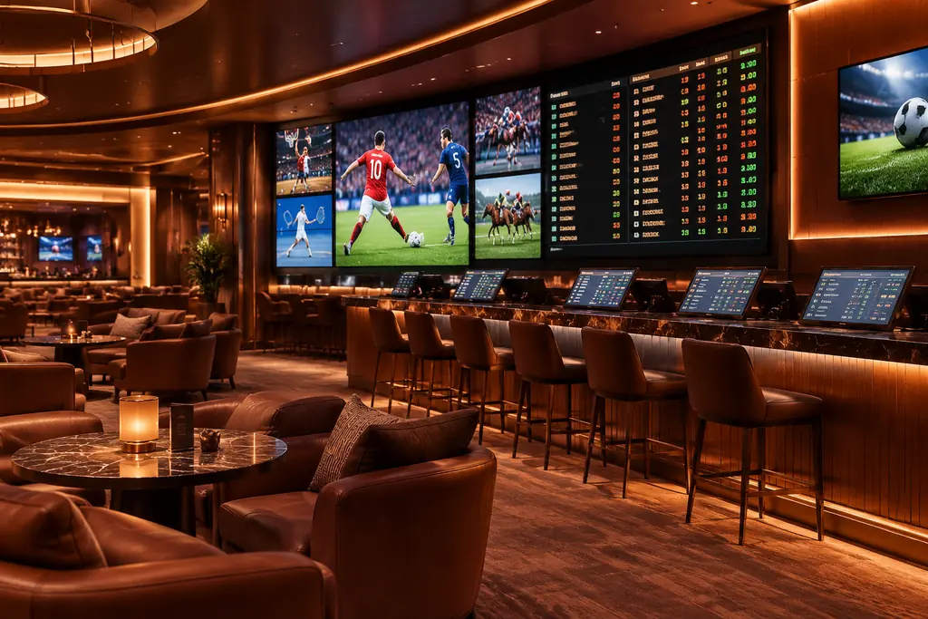 Layar pertandingan dalam ruang sportsbook kasino